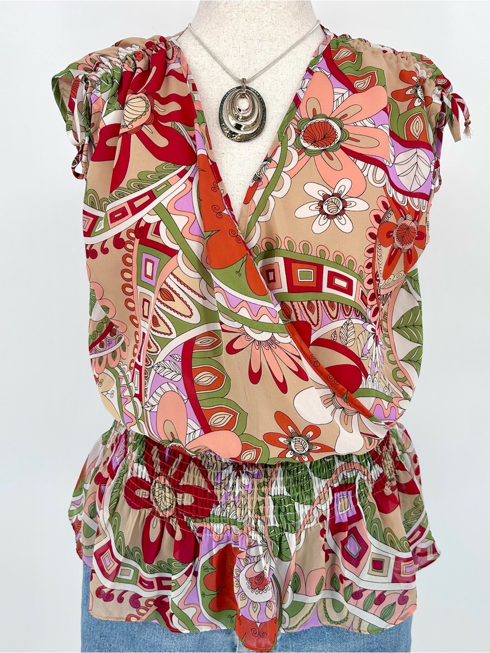 Bisou Bisou Boho Groovy Psychedelic Floral Peplum Top